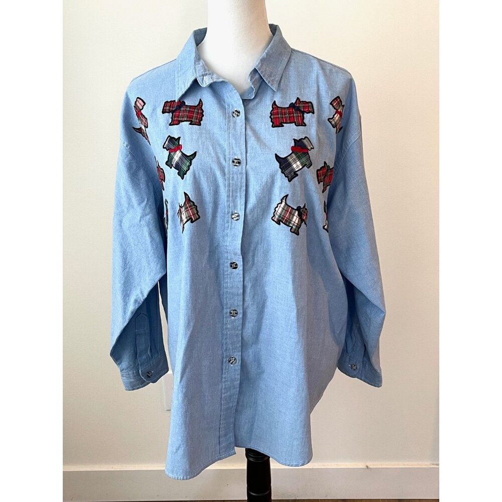 Mystic Blues Women's 20W Blue Chambray Blouse Scottie Dog